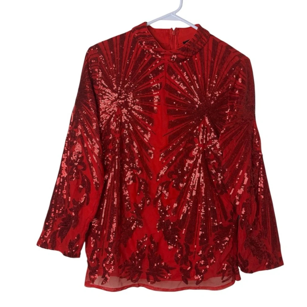 Boston Proper Red Sequin Long Sleeve Top Size L - Picture 1 of 7